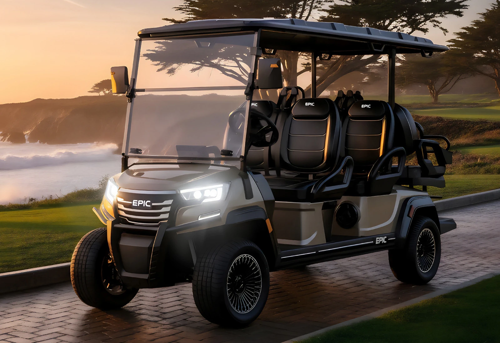 A rugged black golf cart with LED lights